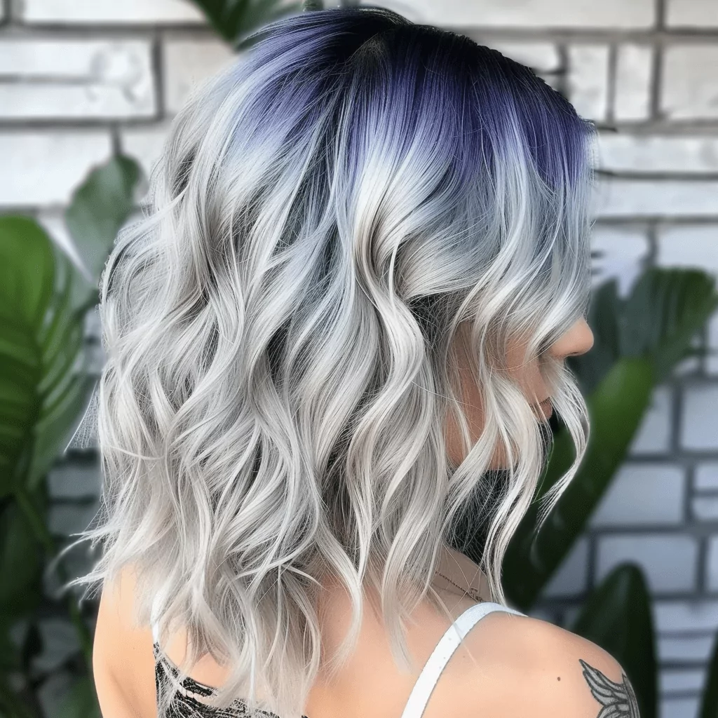 Ash Blonde Wavy Hairstyle With Blue Black Root