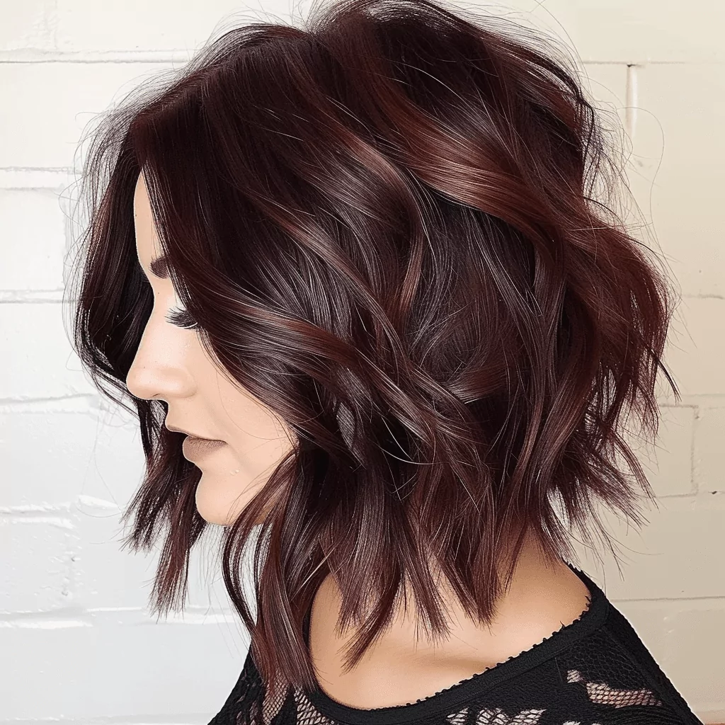 Beautiful Shaggy Bob in Brown and Burgundy Hair Colors