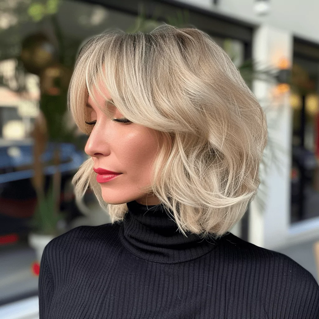 Blonde Lob with Short Layers and Bangs