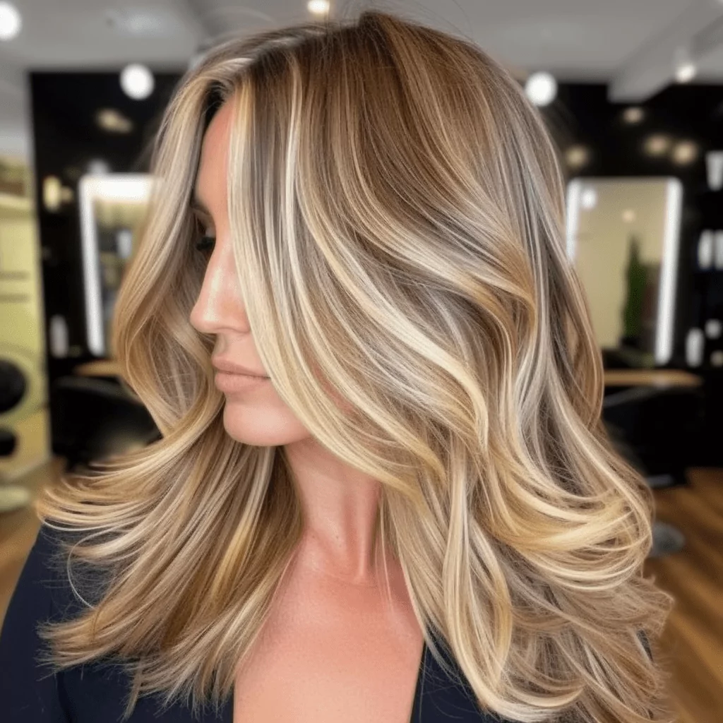 Chunky Golden Blonde Highlights and Brown Roots