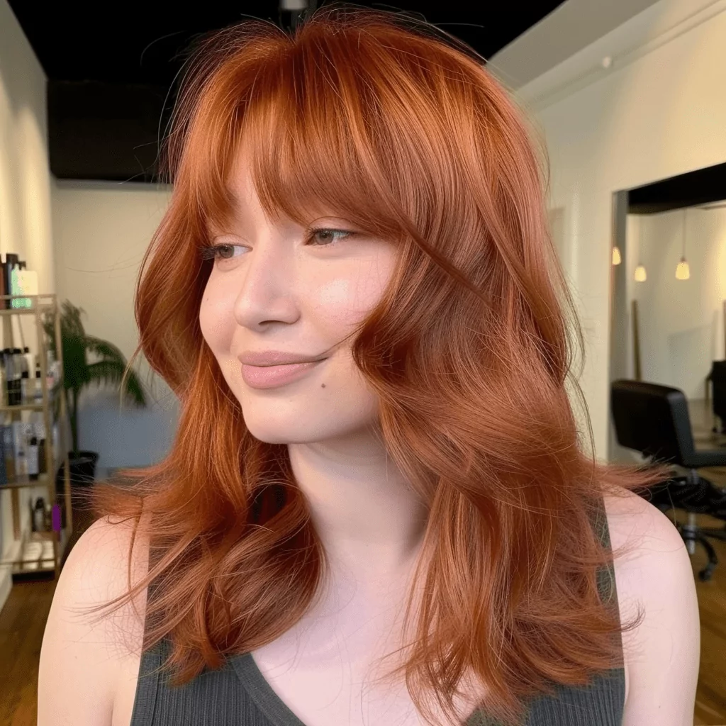 Copper Layered Cut with Bangs for Round Face Shape