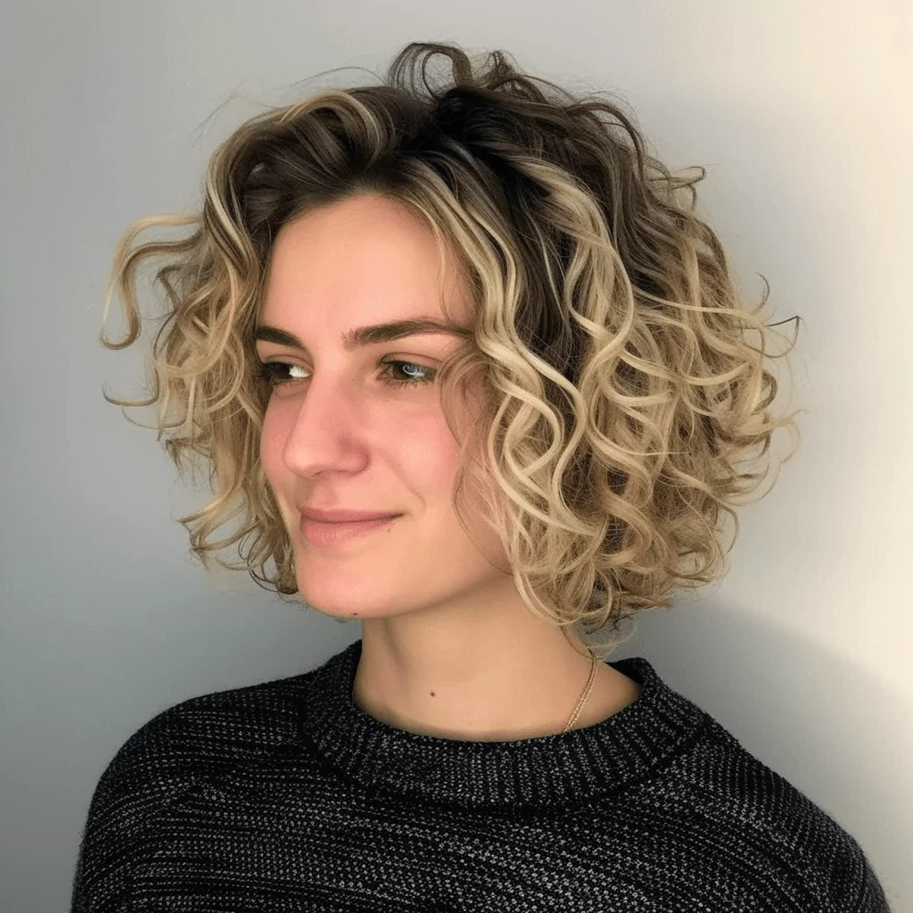 Curly Blonde Root Fade Bob
