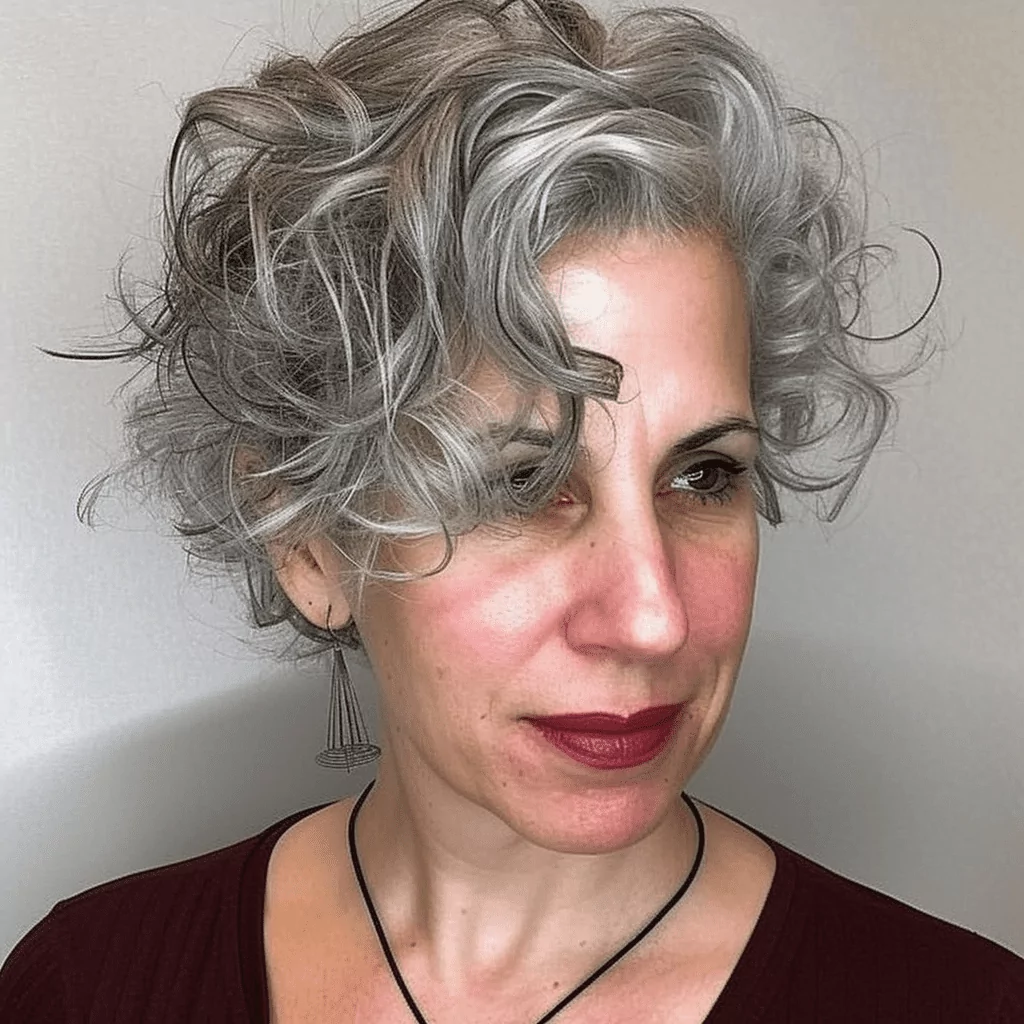 Curly Gray Pixie with Long Side Bangs