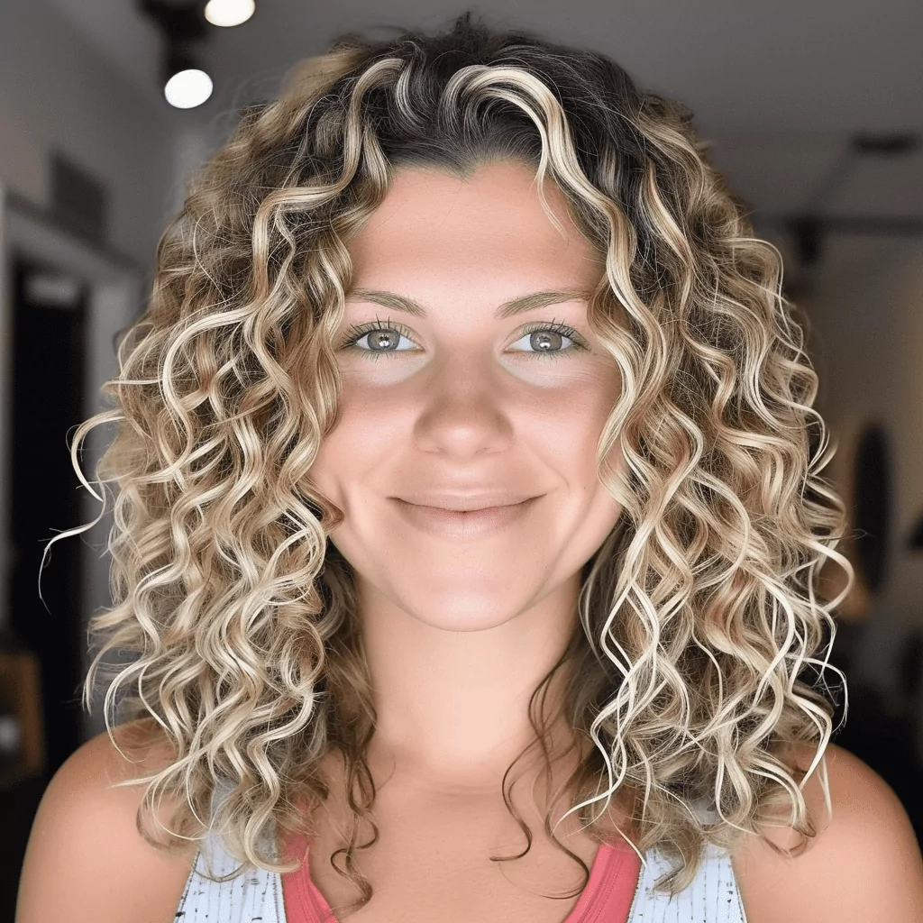 Curly Hair with Bright Blonde Highlights and Dark Roots