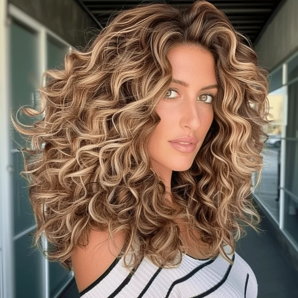 Curly Medium Brown Hair with Highlights and Lowlights