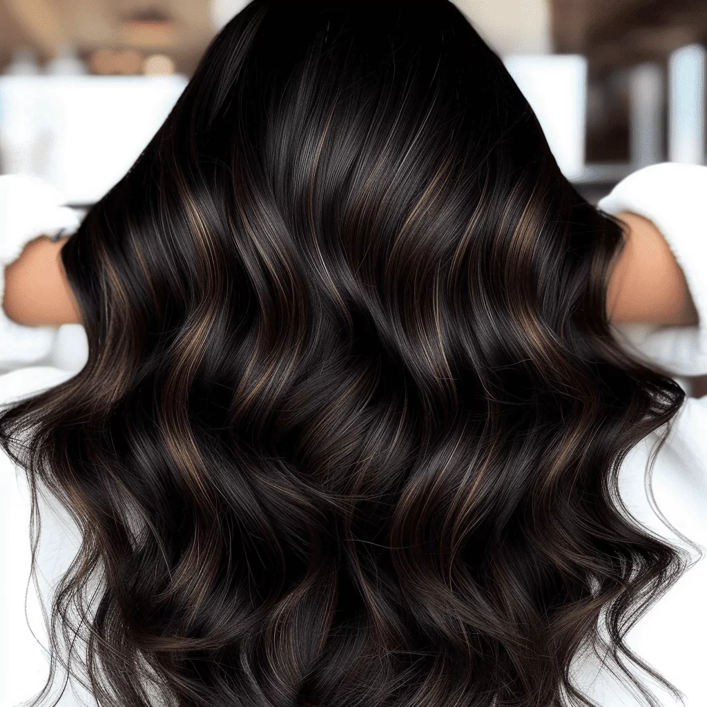 Glossy Black Hair with Sun Kissed Highlights