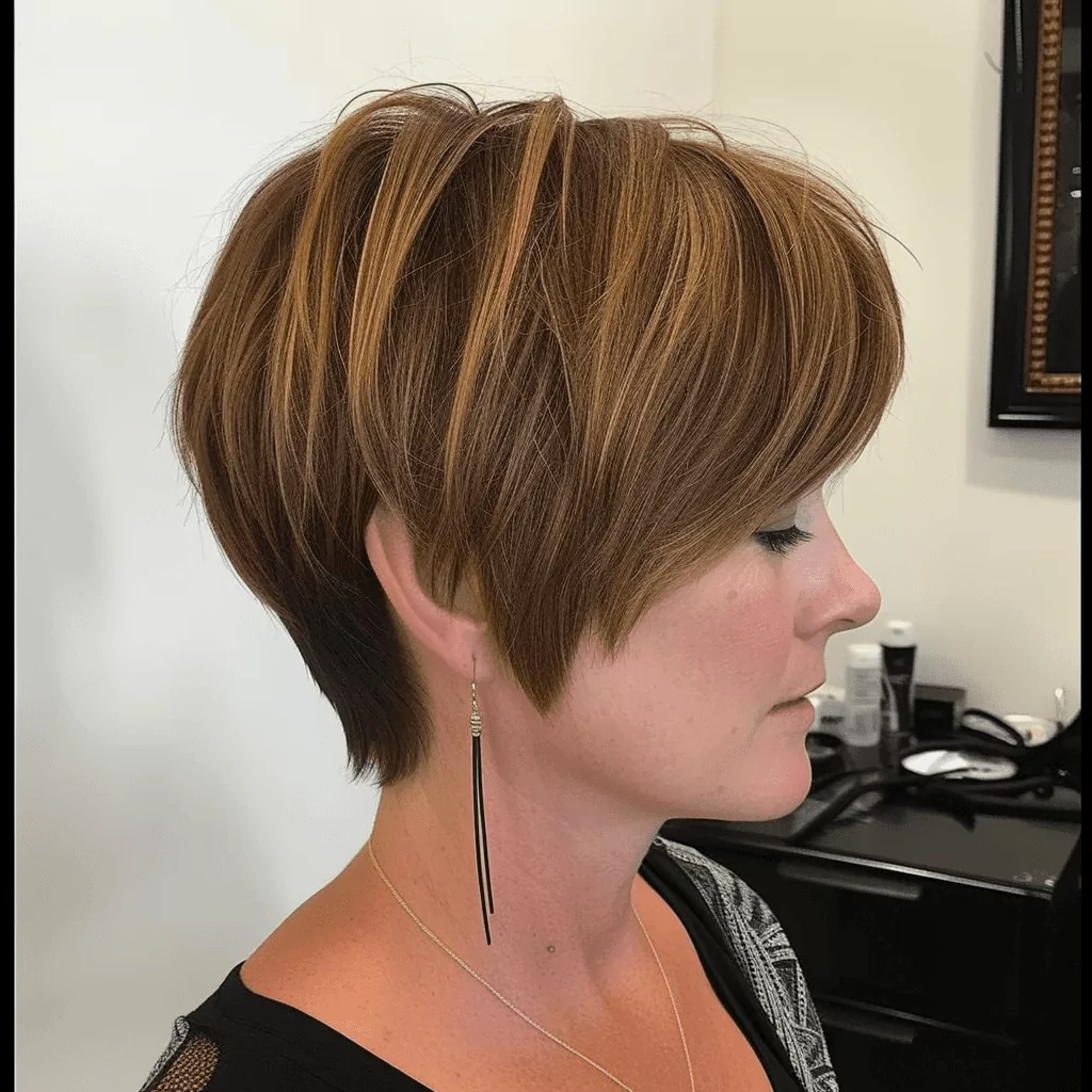 Golden Brown Tapered Layered Pixie with Long Bangs