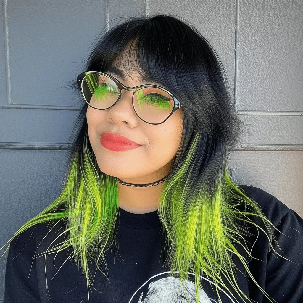Jet Black and Neon Block Colored Bangs Hairstyle