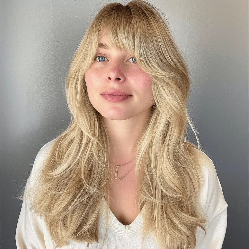 Long Blonde Hairstyle with Bangs for Chubby Cheeks