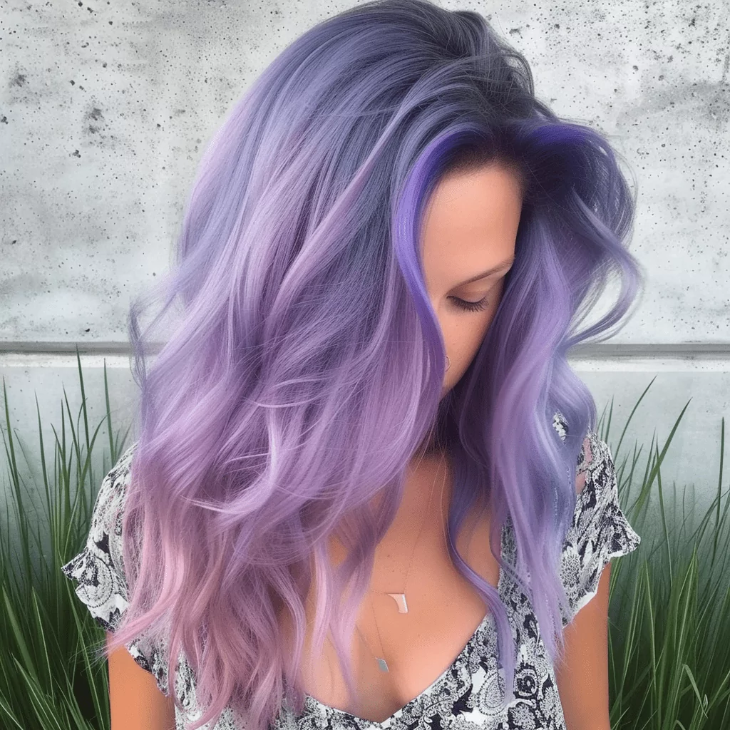 Long Pastel Purple Hair With Blue Roots