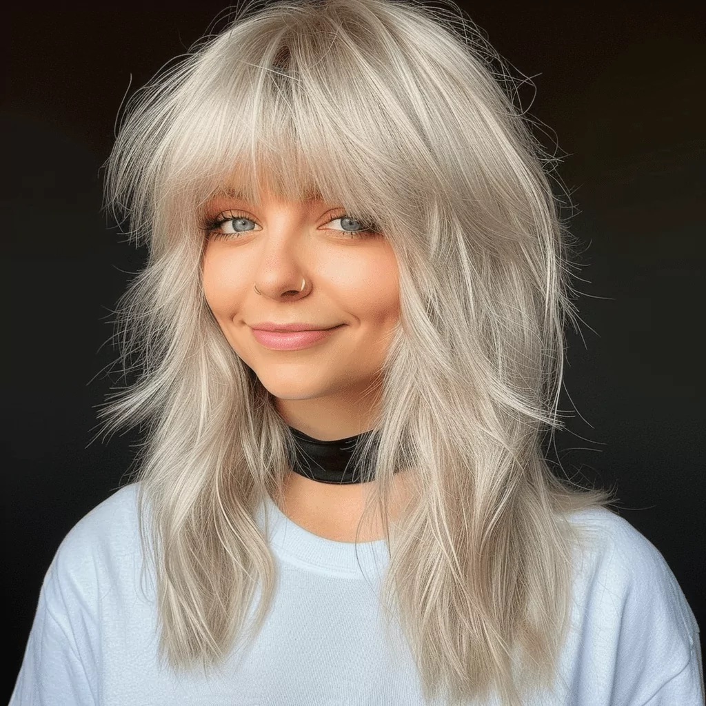 Long Platinum Shag with Bangs for Round Face