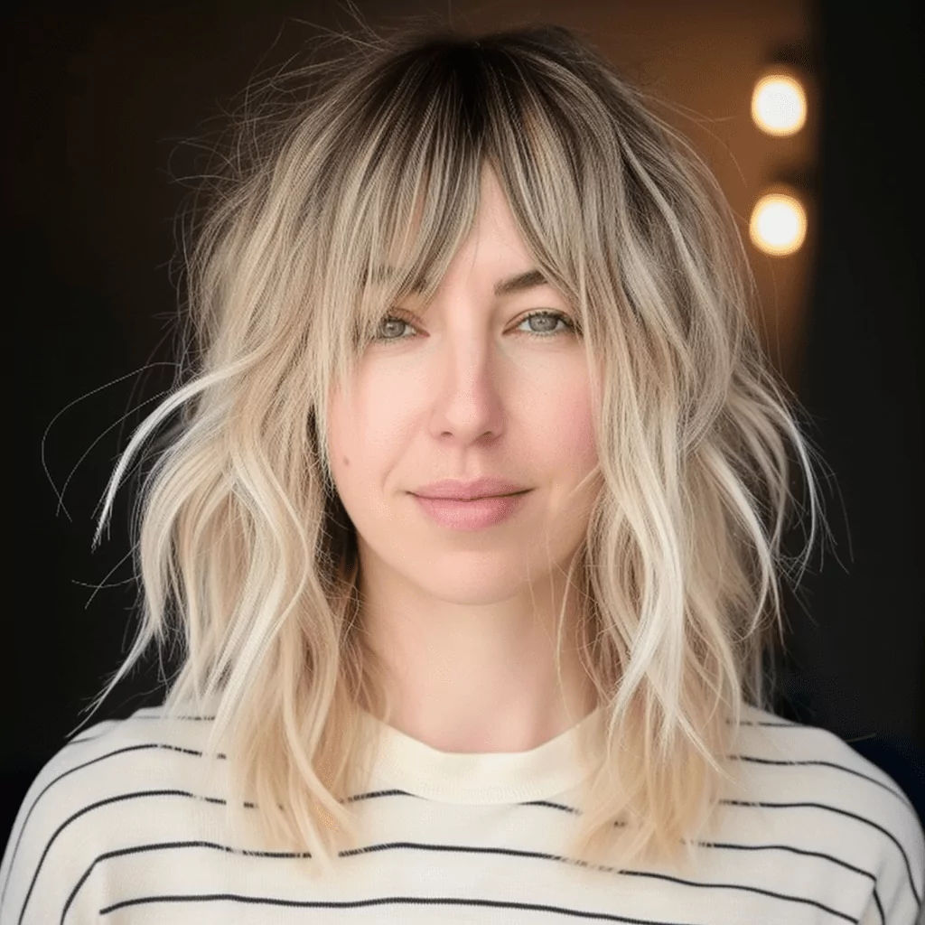 Middle Length Shaggy Blonde Hairstyle with Dark Roots