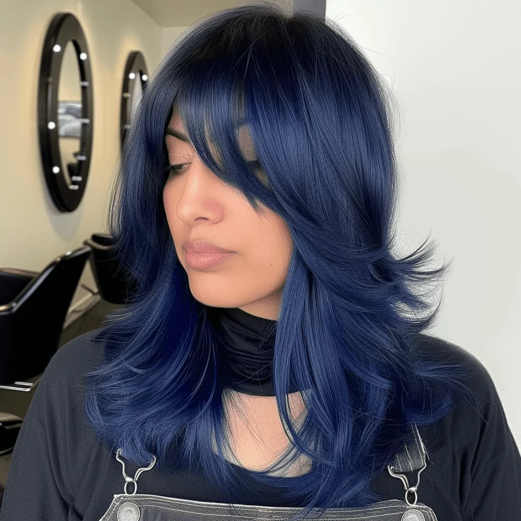 Modern Blue Black Rachel Cut with Bangs and Layers