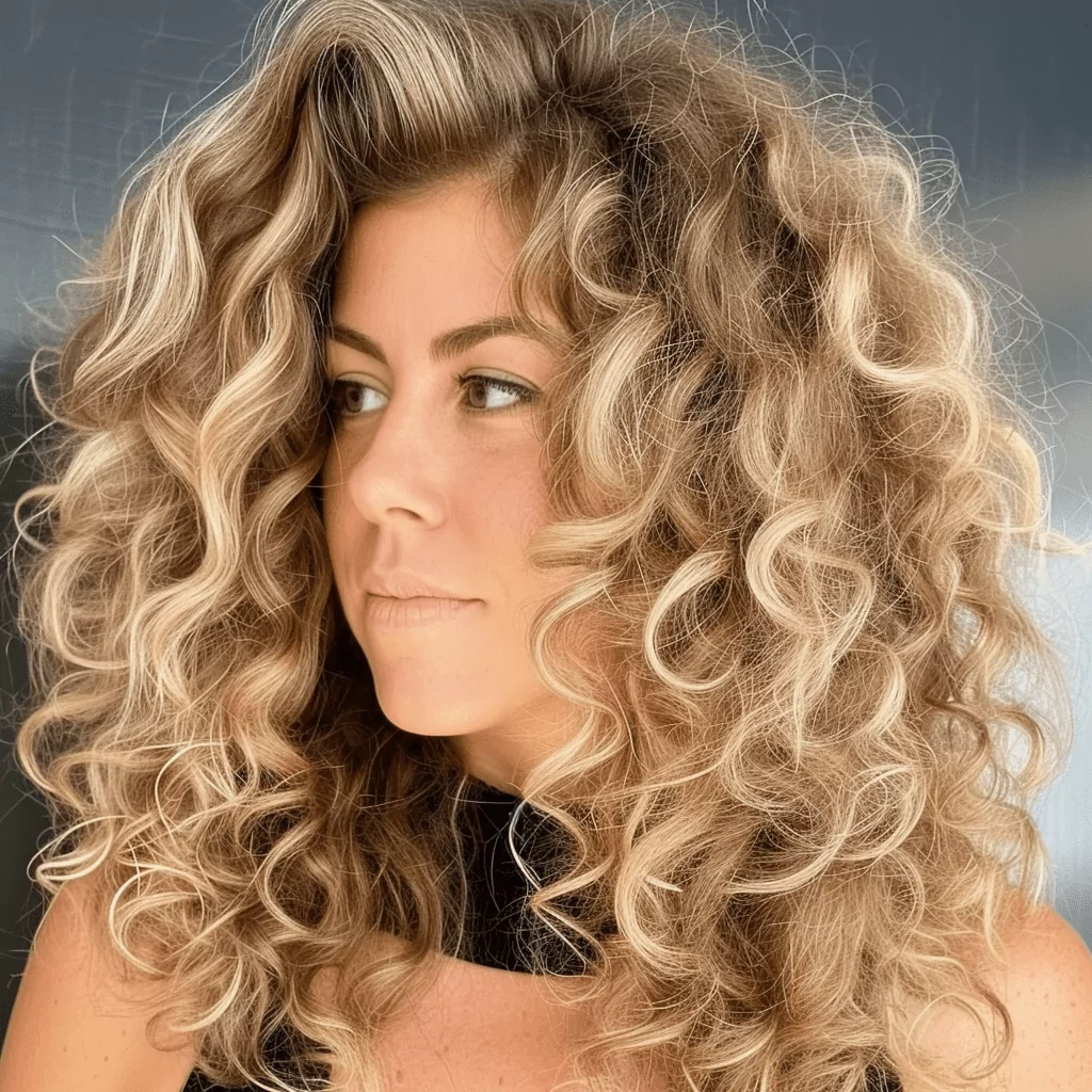 Naturally Curly Honey Blonde Hair with Root Shadow