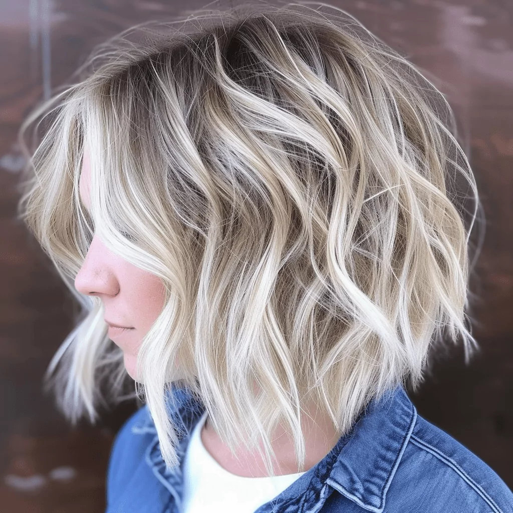 One Length Shaggy Wavy Blonde Bob with Highlights