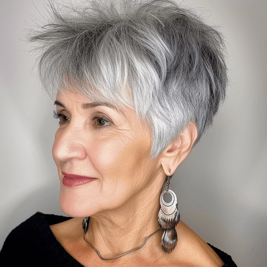 Salt and Pepper Pixie Cut with Bangs for Senior Women