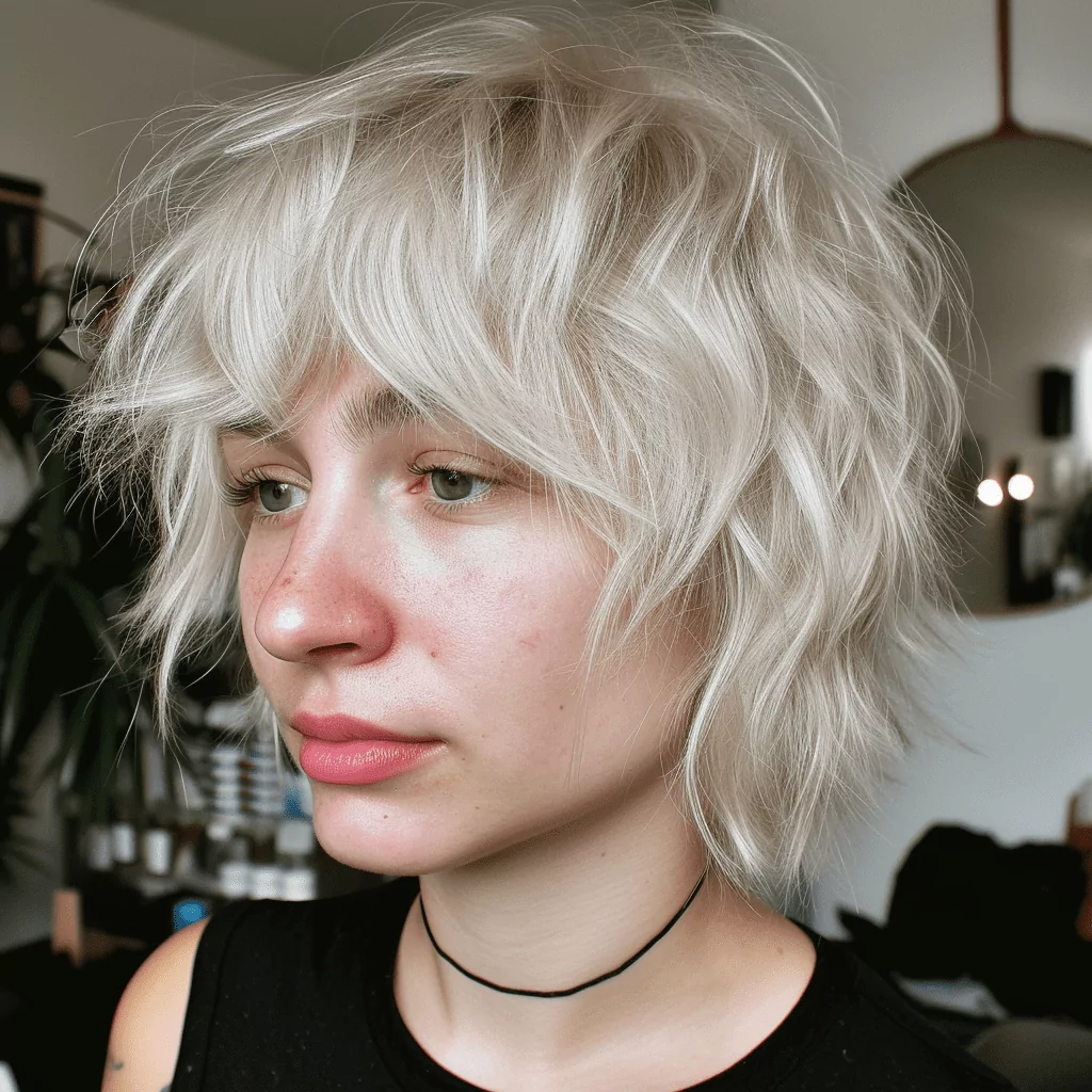 Short Blonde Inverted Tousled Shag with Bangs