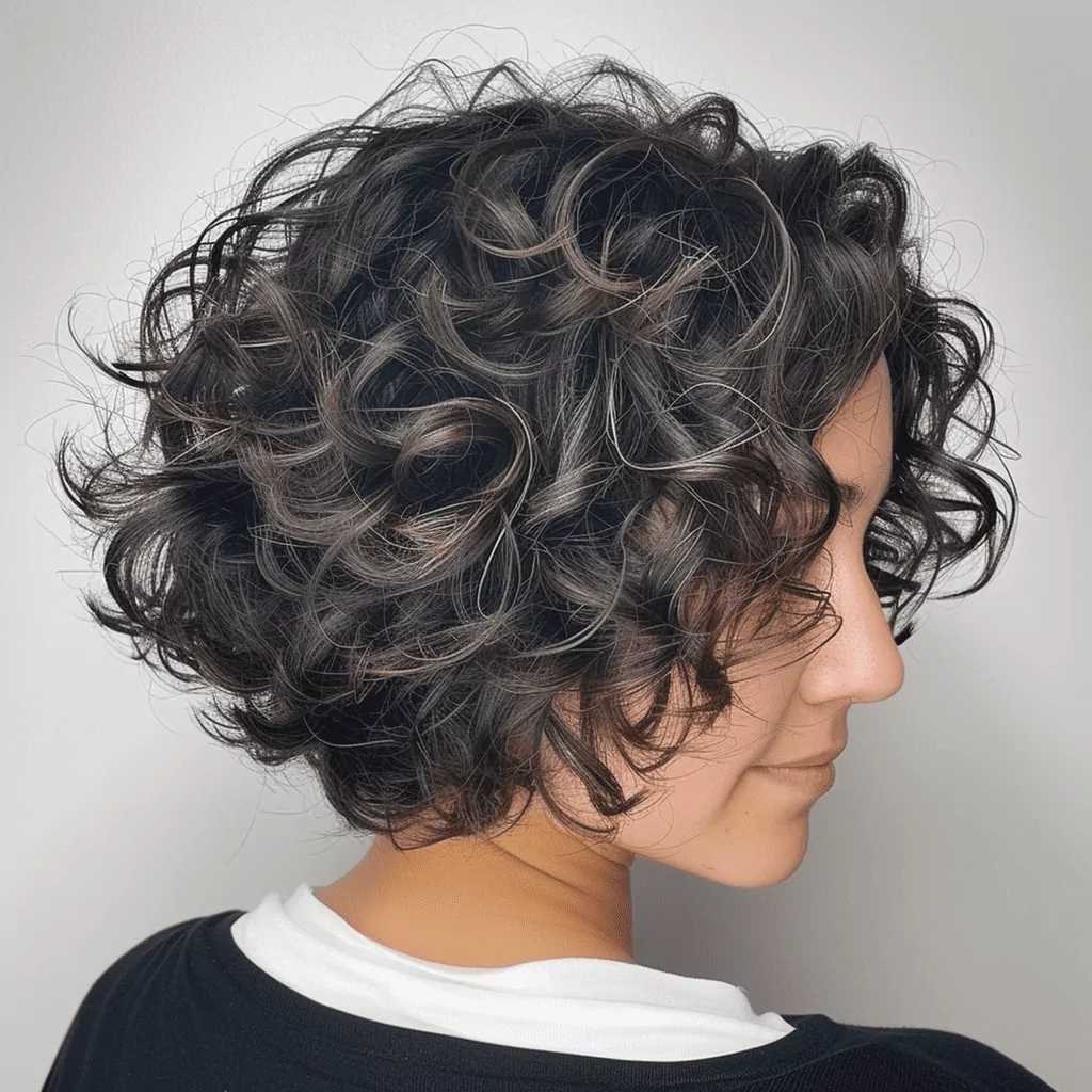 Short Curly Brunette Bob With Babylights