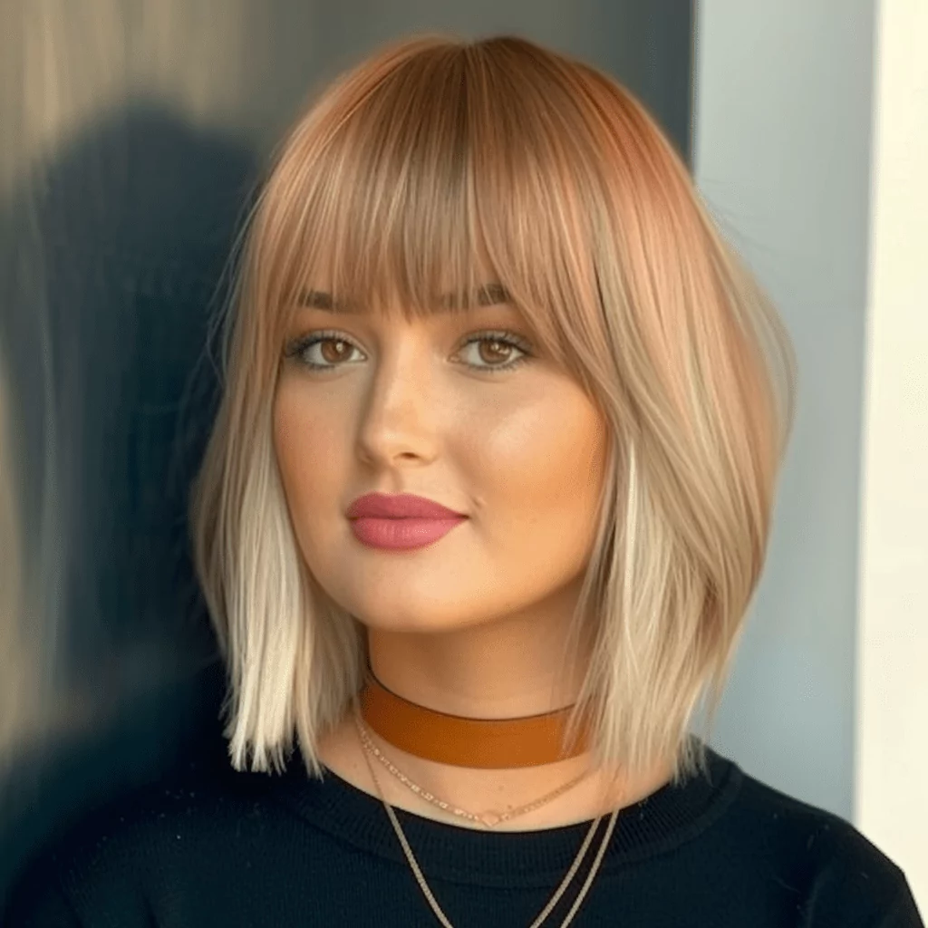 Straight Lob with Bangs for Round Face Shape