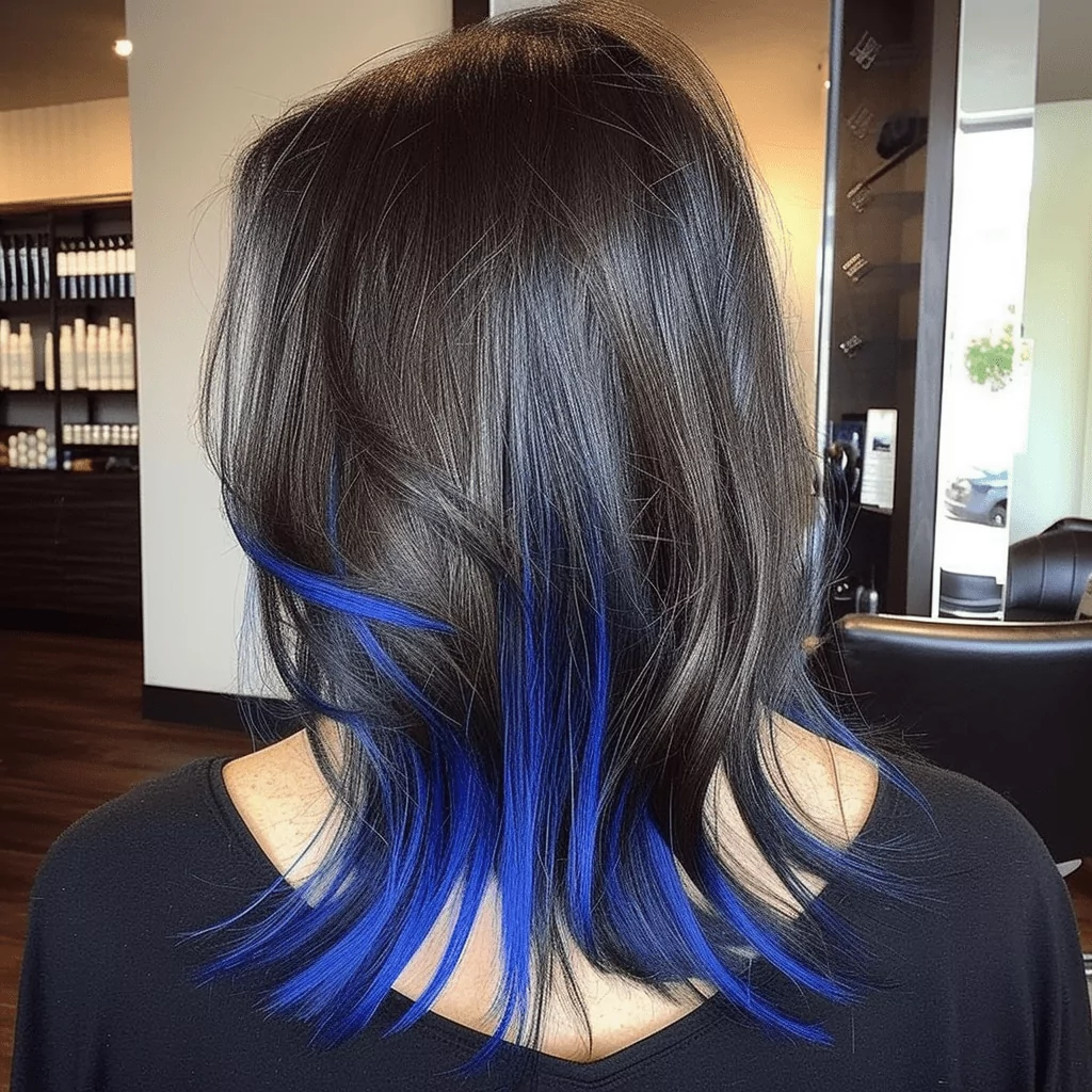 black hair with blue peek a boo highlights