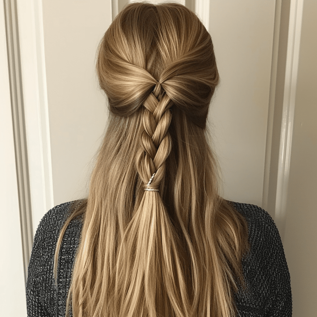 braided half updo for thick straight hair