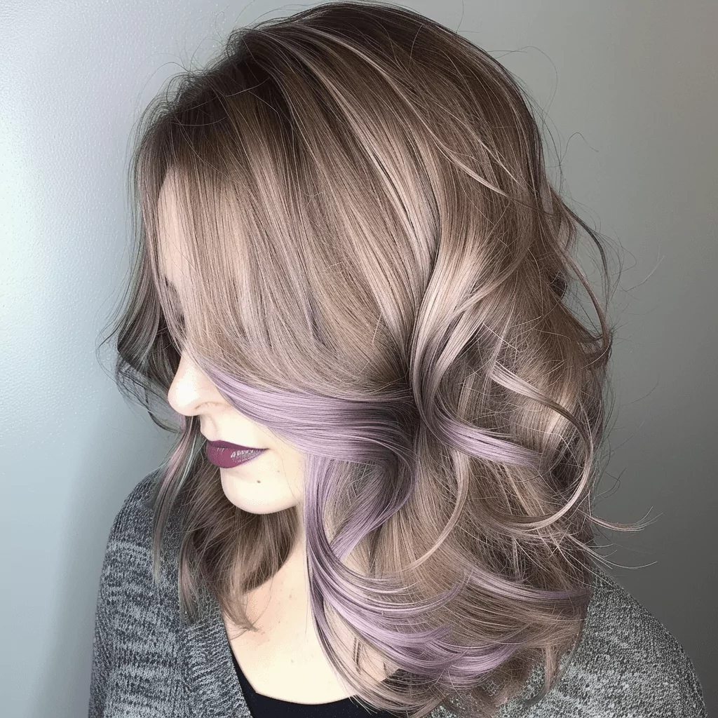 brown hair with ash blonde and pastel purple balayage