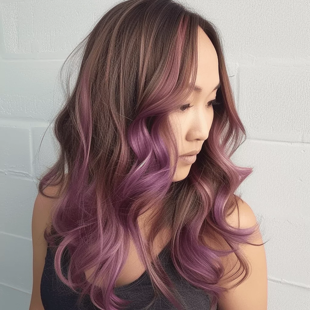 brown hair with lavender and pastel pink balayage