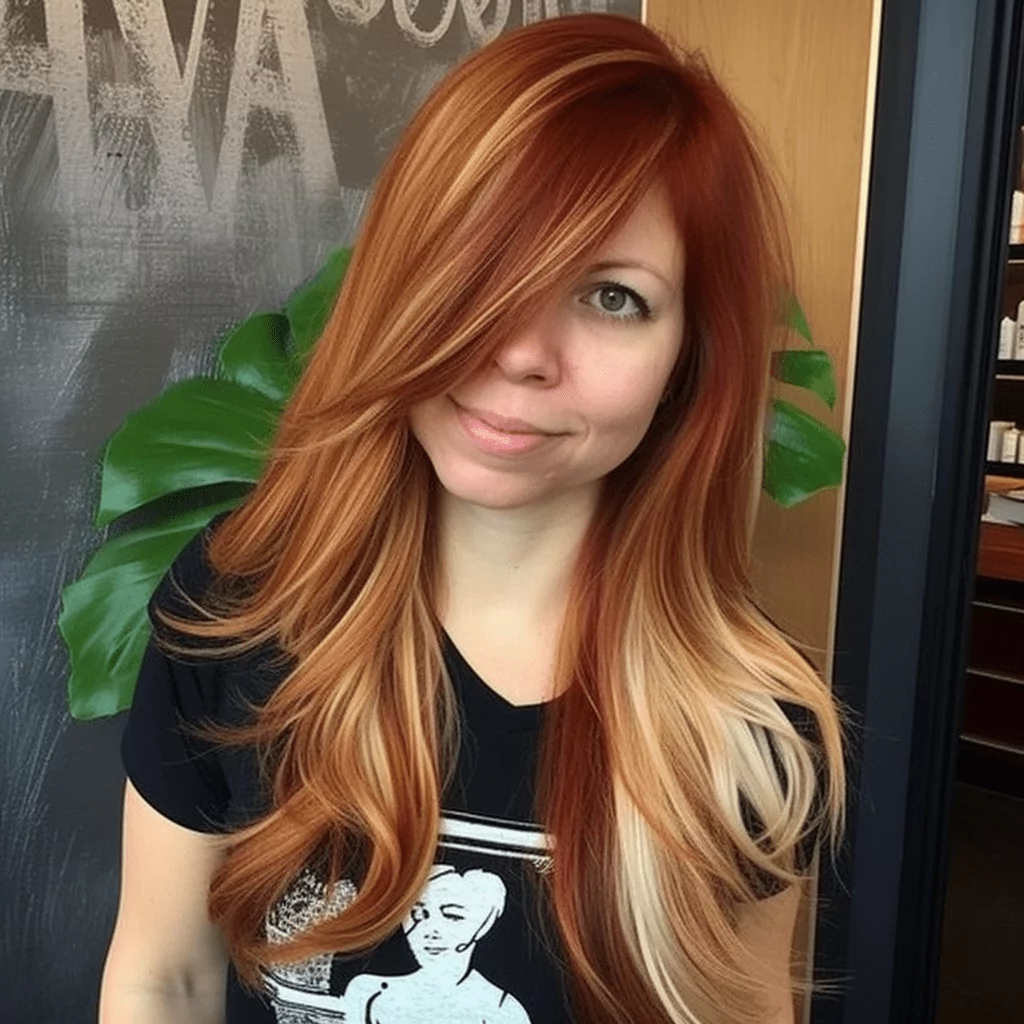 copper red hair with blonde peek a boo highlights