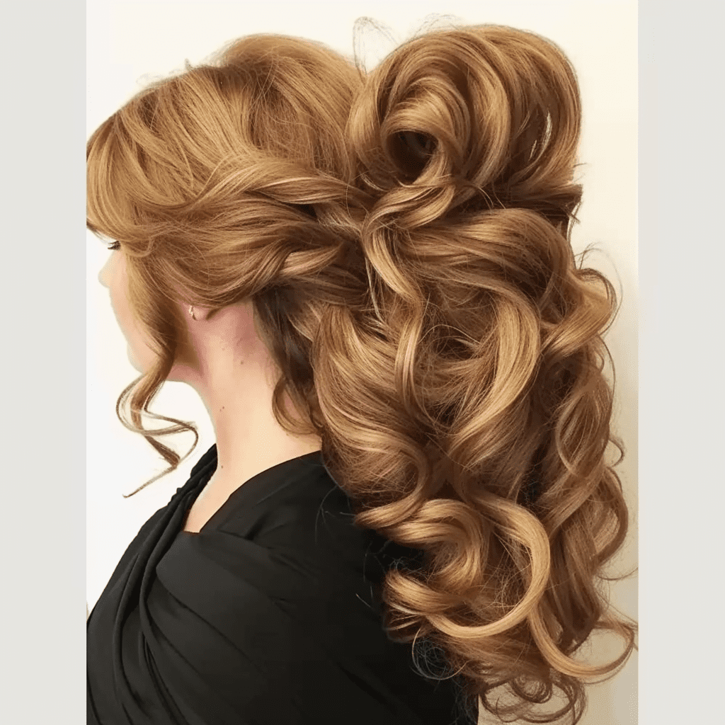 curly half updo with a bouffant for long hair