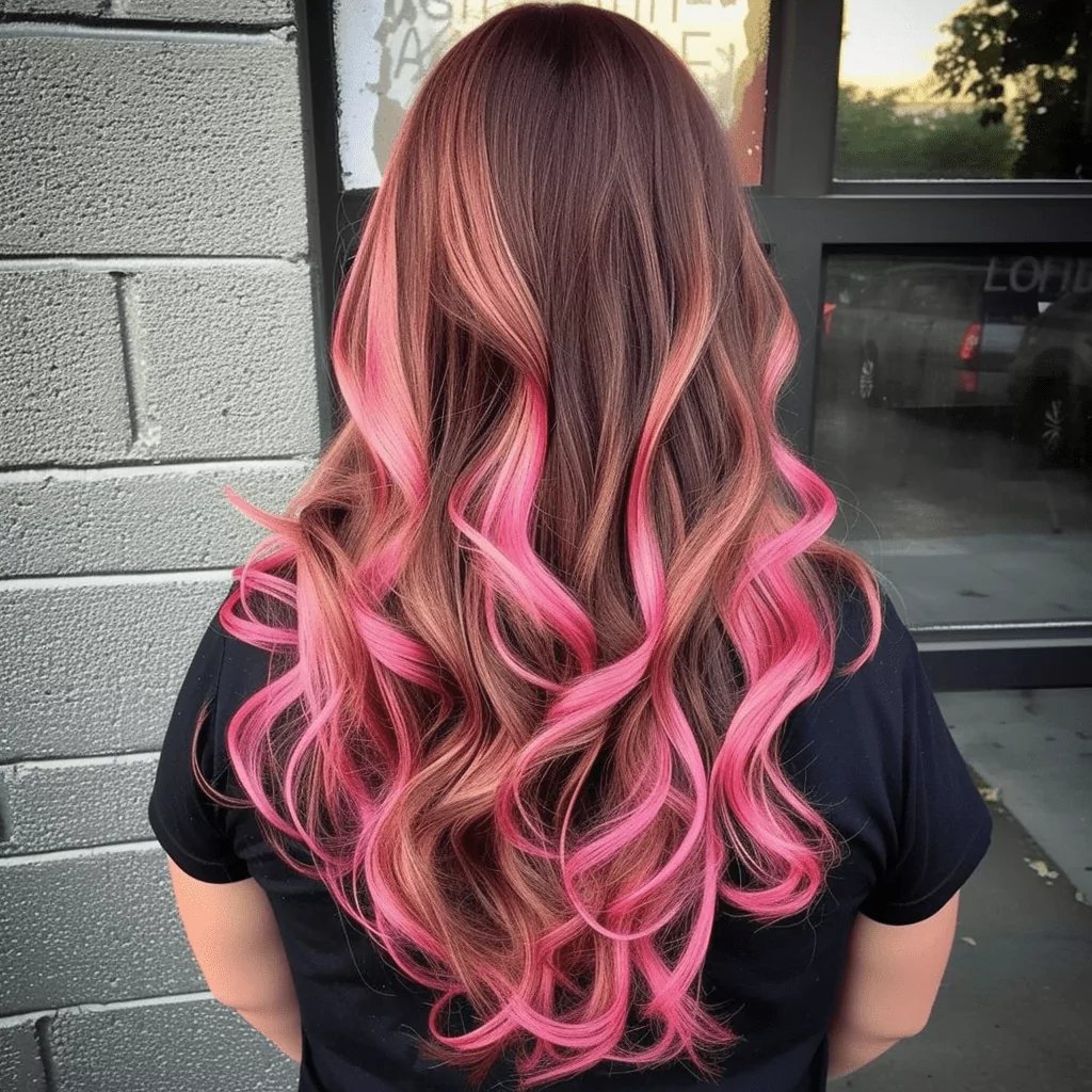 long brown hair with pink balayage highlights