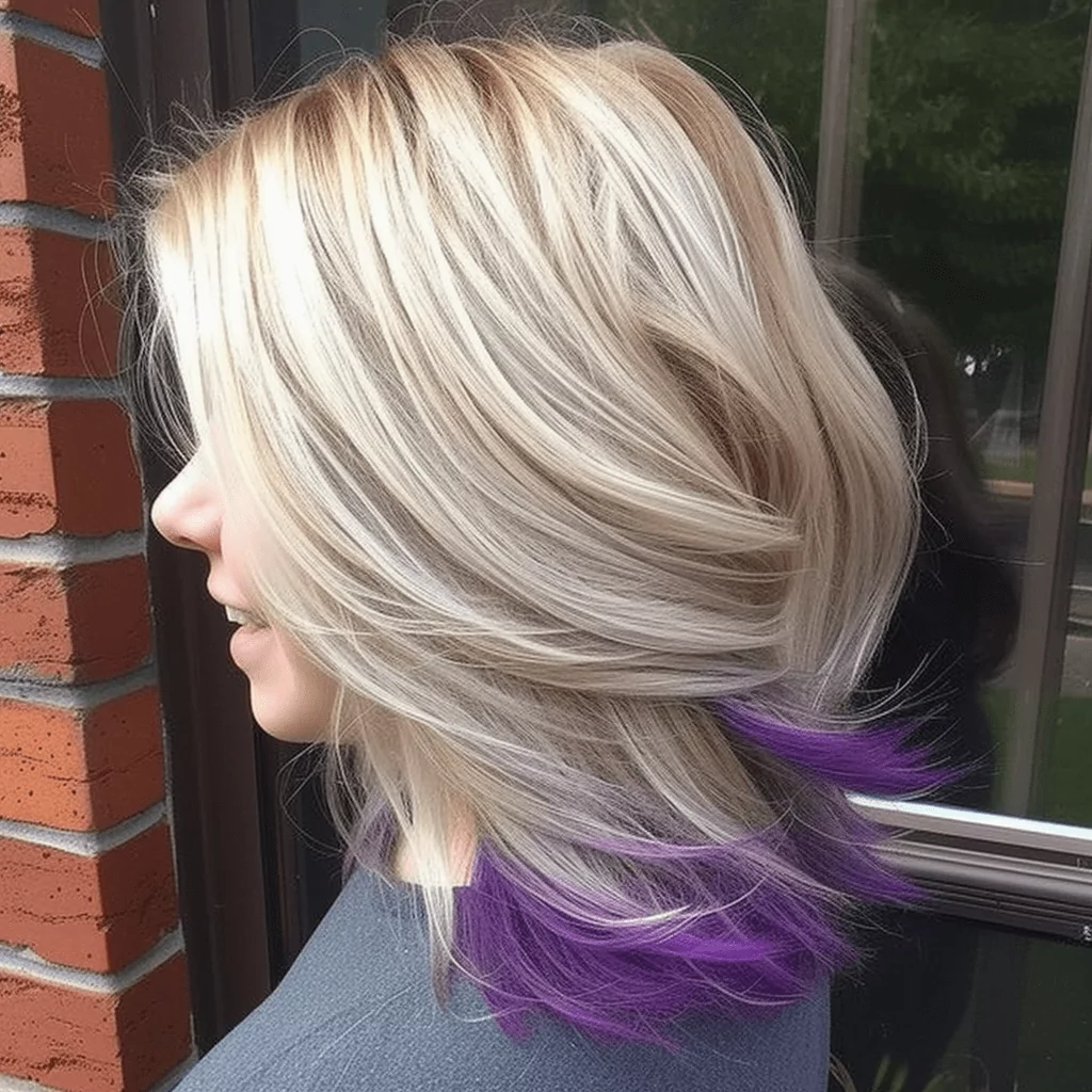 medium blonde layered hairstyle with lavender peek a boo highlights