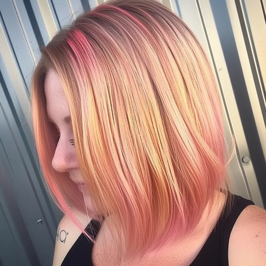 strawberry blonde bob with pastel pink highlights