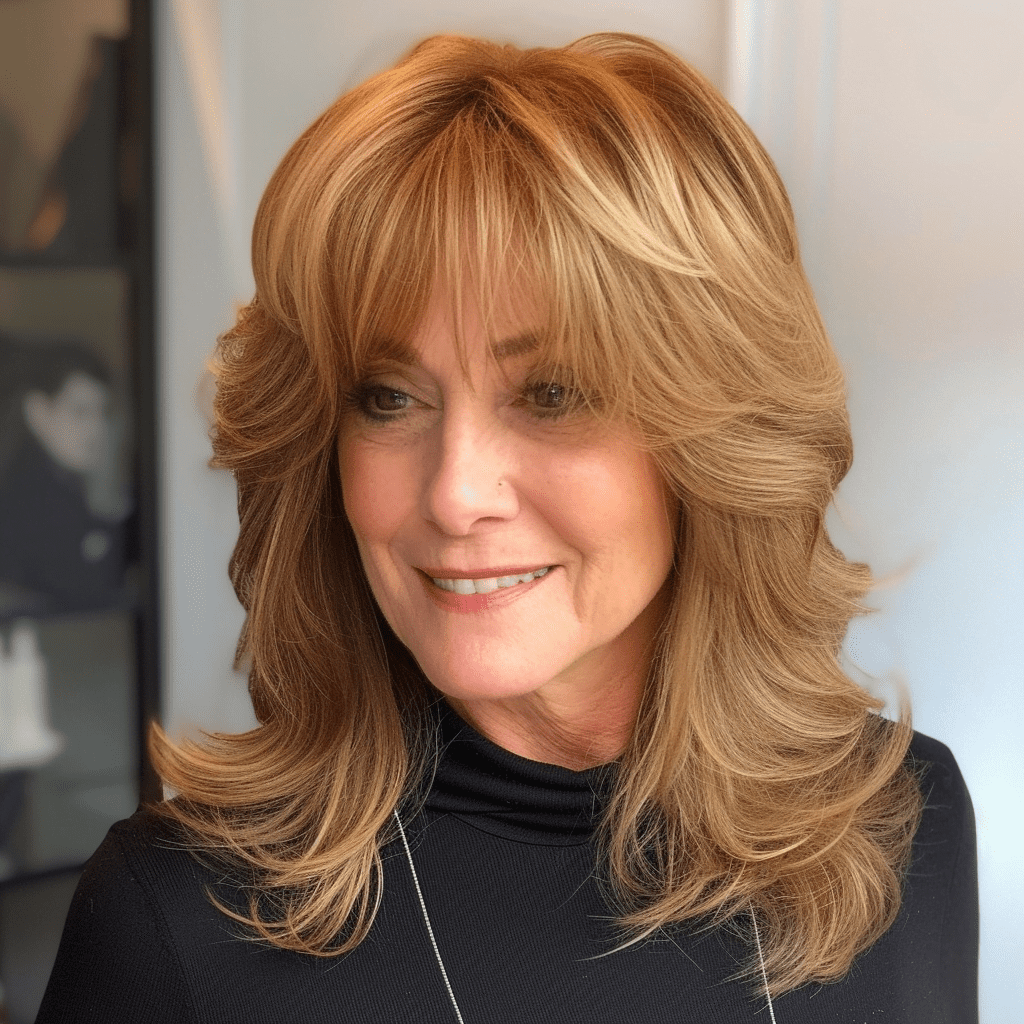 Shoulder Length Feathered Hairstyle with Bangs