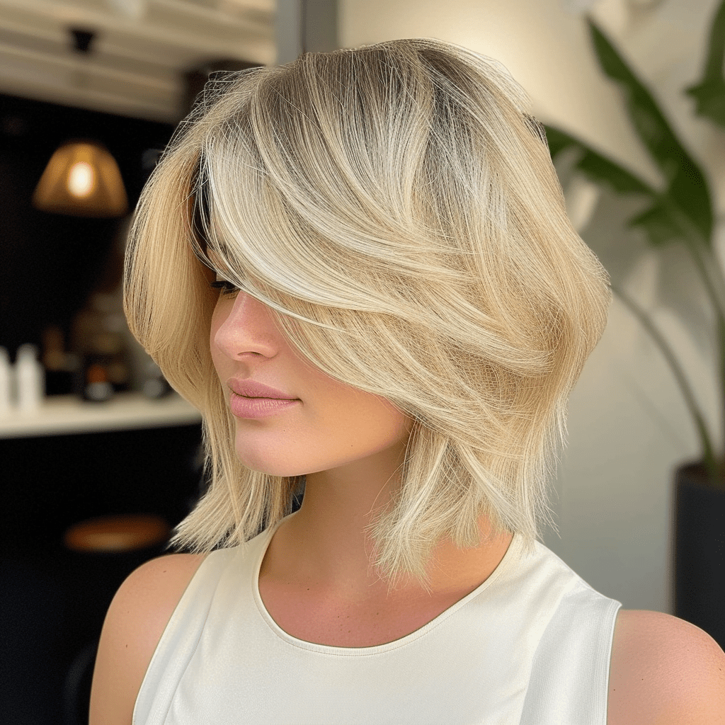 A Line Blonde Bob with Long Feathered Bangs