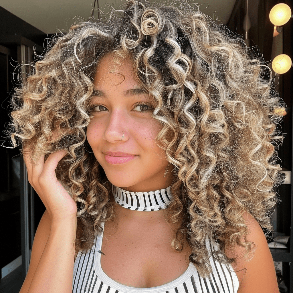 Ash Blonde Highlights on Tight Curls