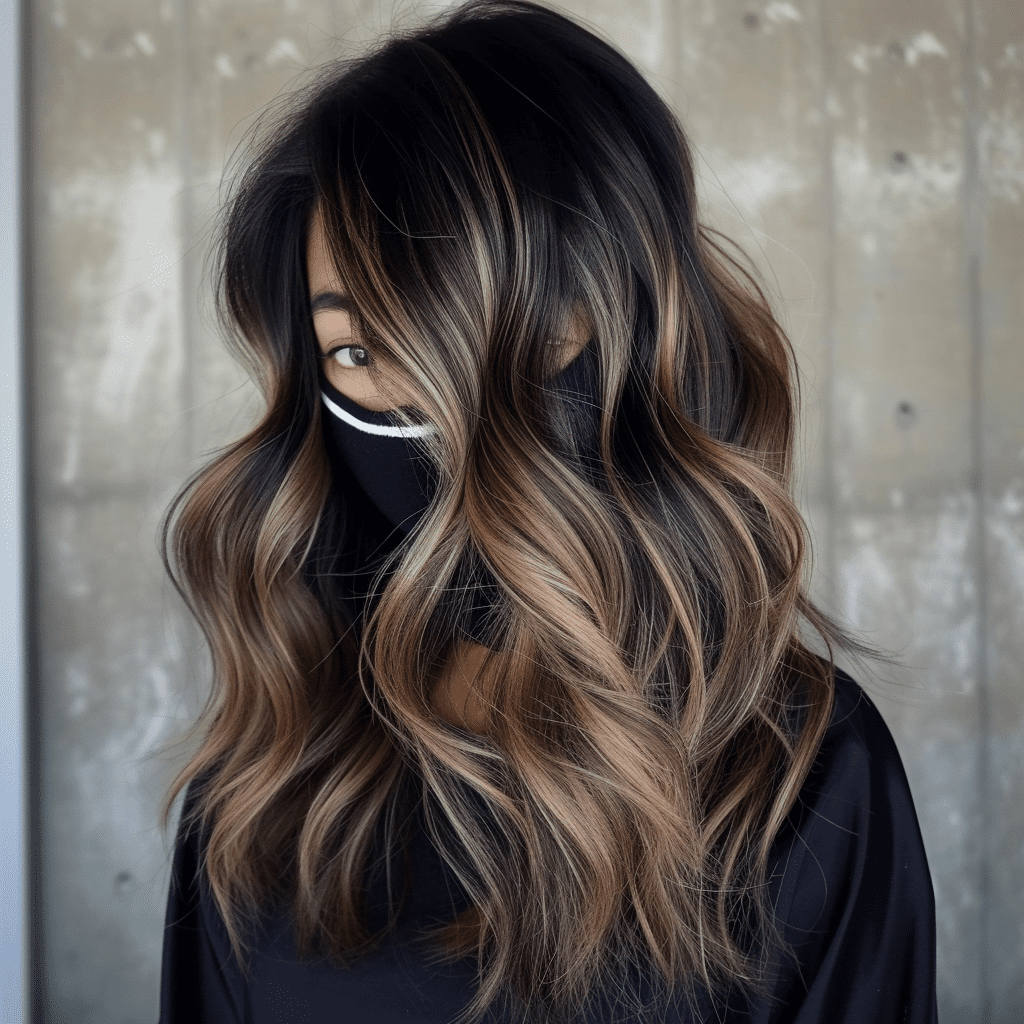 Black Hair with Brown and Blonde Balayage