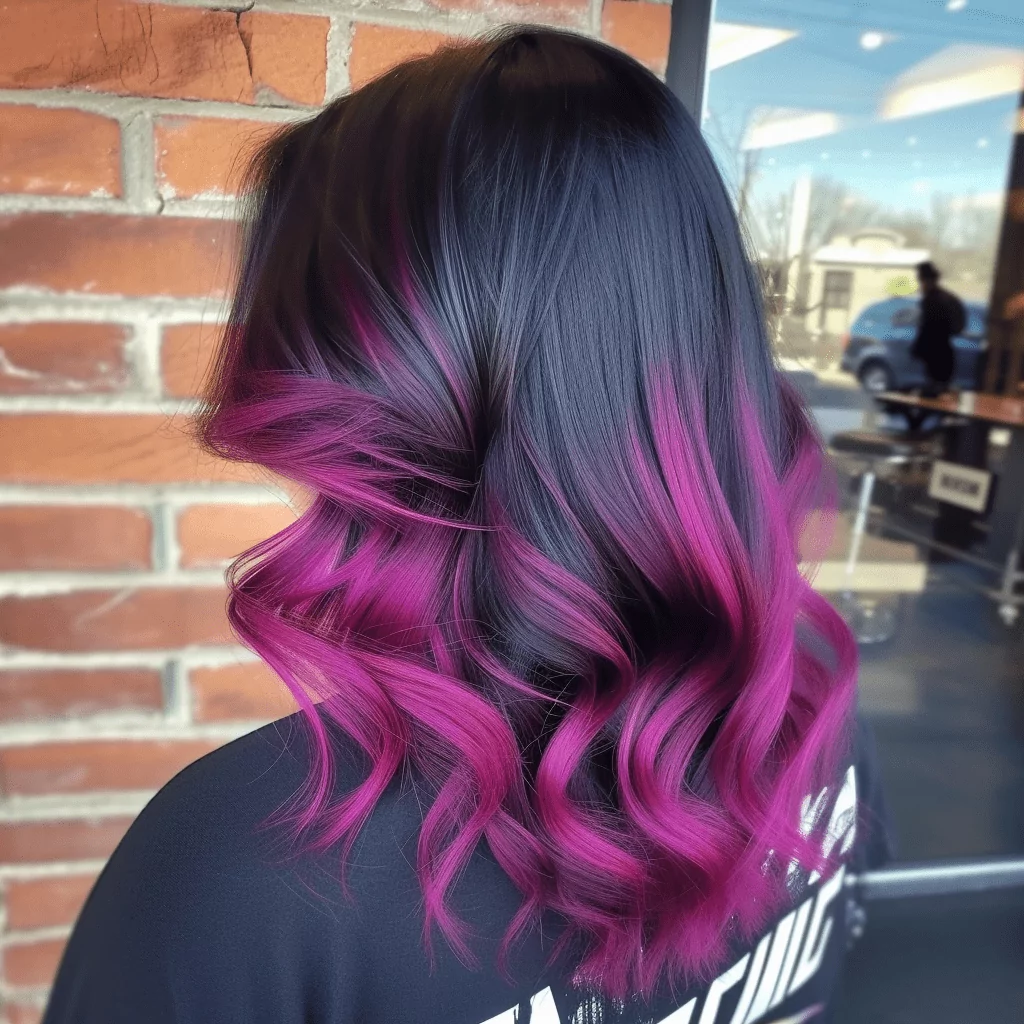 Black Hair with Dark Pink Ombre and Tints of Purple