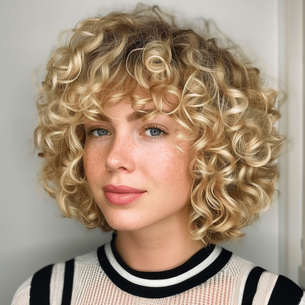 Blonde Bob with Defined Curls and Curly Bangs