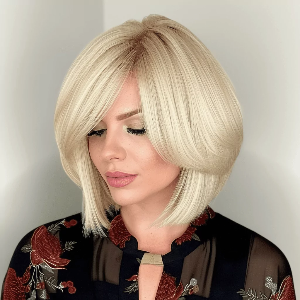 Bright Blonde Rounded Bob with Long Feathered Bangs