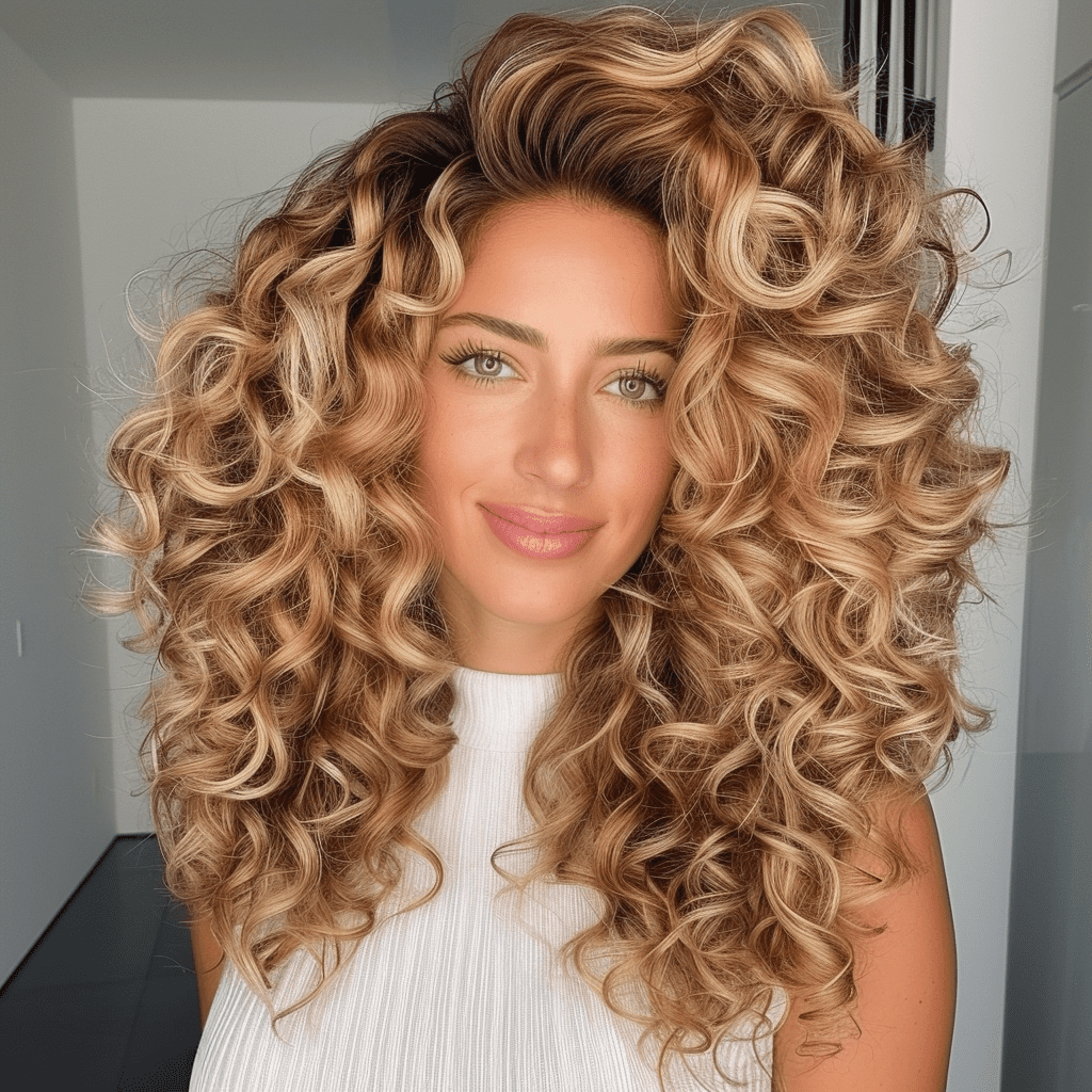 Caramel Blonde Curly Hair with Natural Root