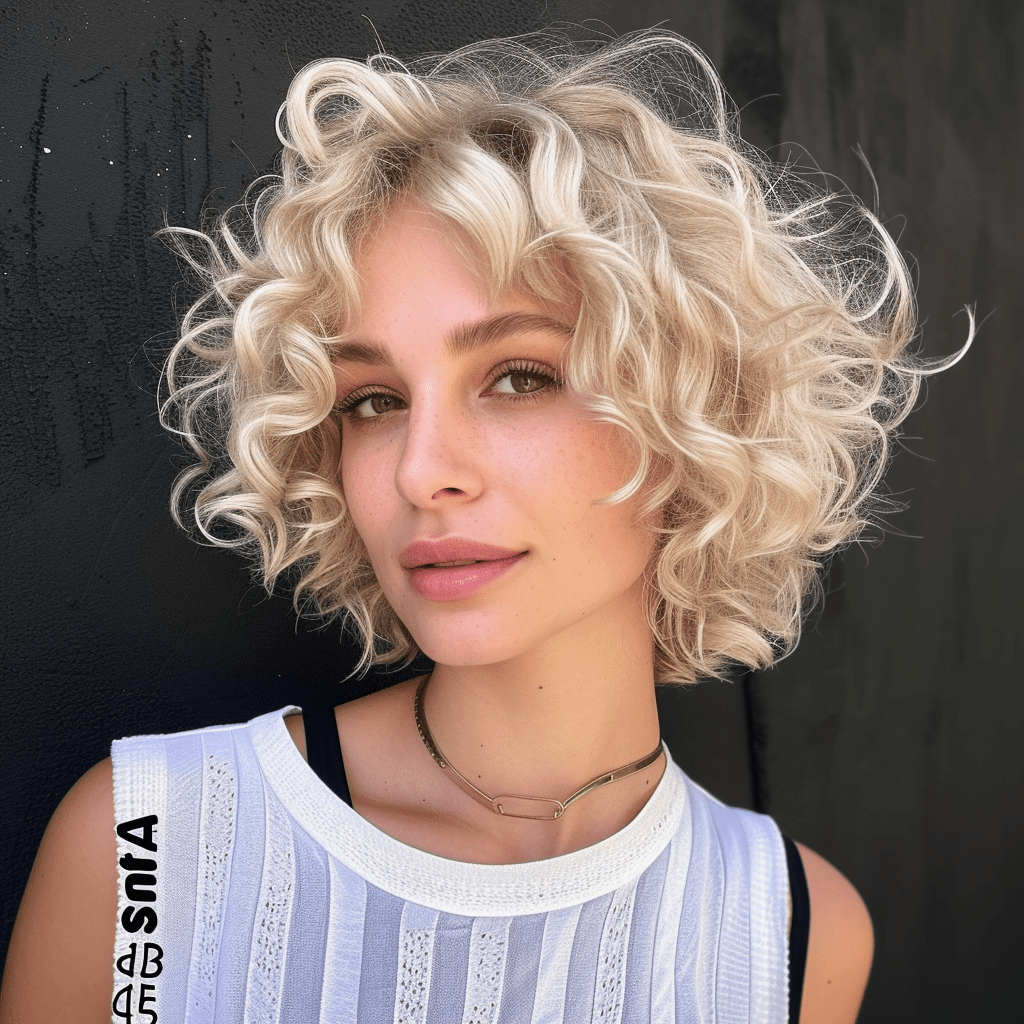 Chin Length Curly Bob Dyed Blonde