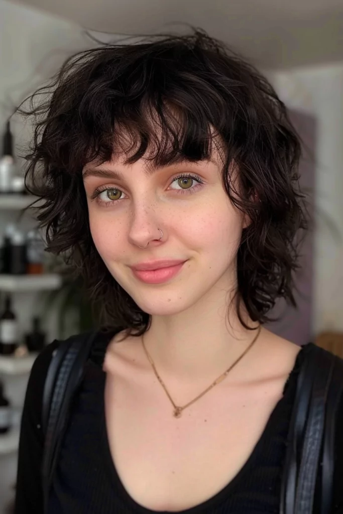 Choppy Curly Hairstyle with Baby Bangs
