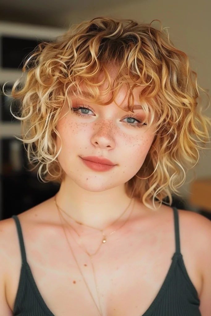 Curly Blonde Shag with Short Curly Bangs