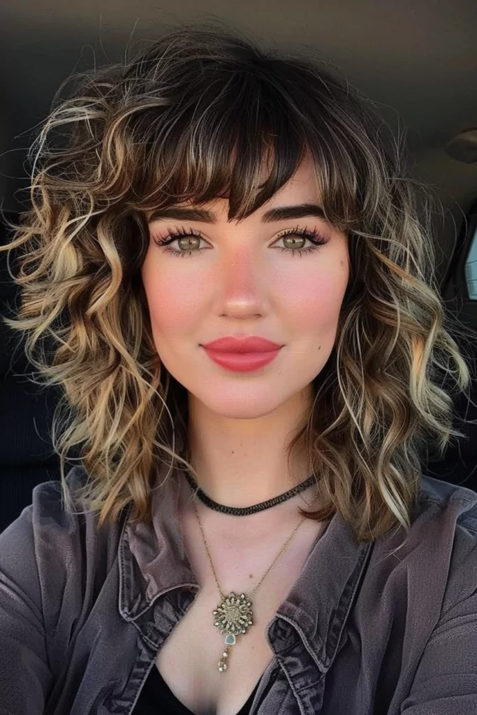 Curly Medium Hairstyle with Bangs