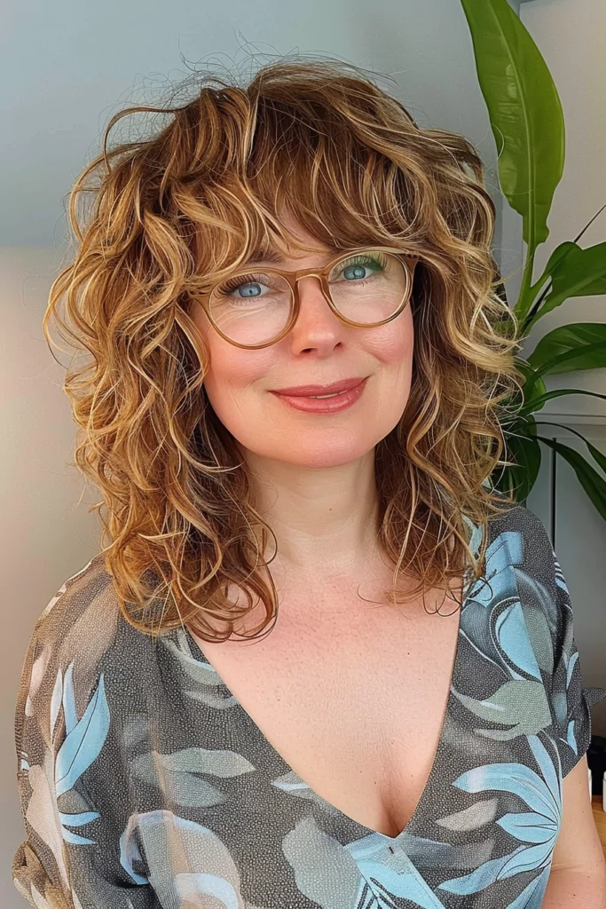 Curly Razor Cut with curtain bangs for women Over with Glasses