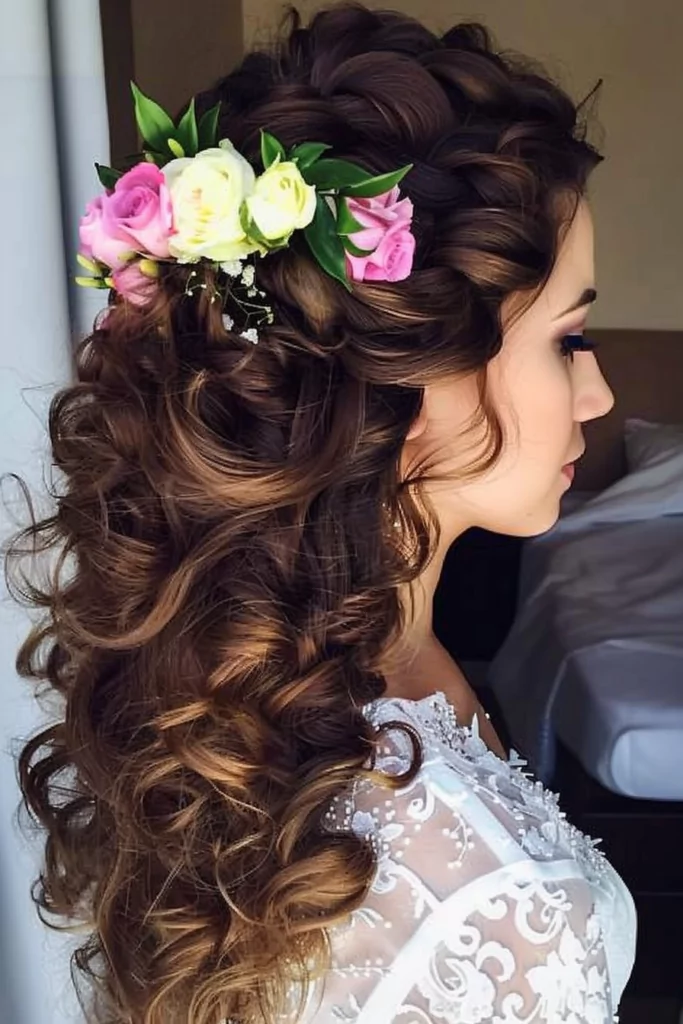 Curly Wedding Half Updo With Flowers P
