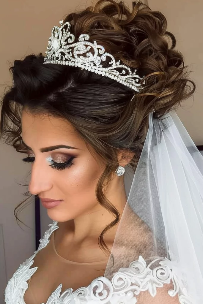 Curly Wedding Updo With Tiara And Veil