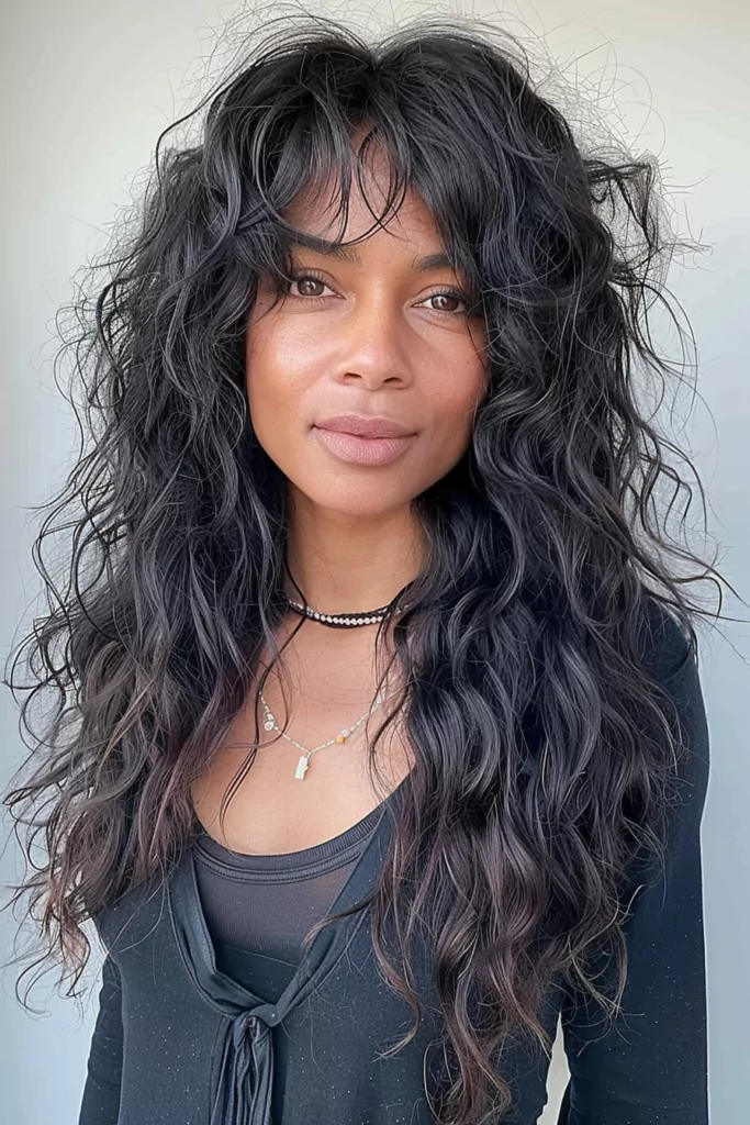 Curtain bangs on Elongated Curls for Thick Hair