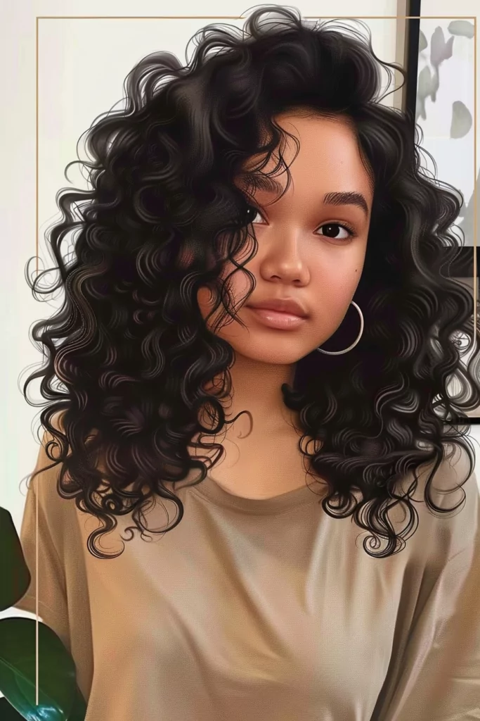 Dark Curly Hair with Side Part