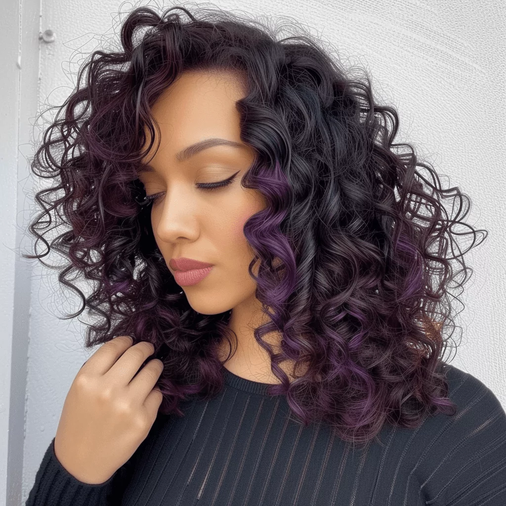 Dark Curly Hair with Subtle Purple Highlights